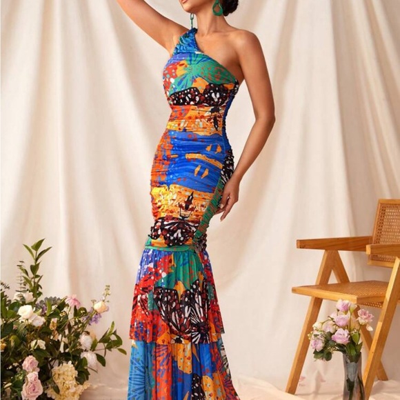 Dresses & Skirts - One shoulder Mesh Multi print maxi dress 8/10